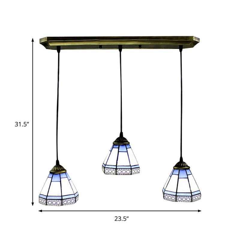 Stained Glass Tapered Swag Lamp Tiffany-Style 3 Heads Blue and White Cluster Pendant Light with Round/Linear Canopy