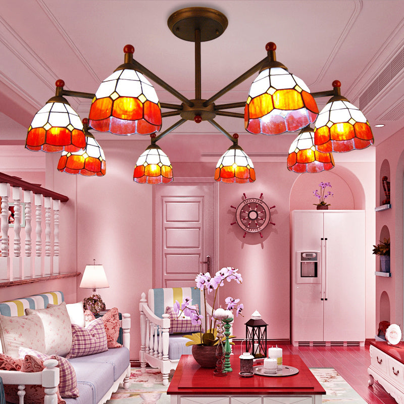 Koepelvormige hangende hanger Rustiek gebrandschilderd glas 8 Lichten kroonluchter licht in rood/blauw/geel voor slaapkamerverlichting