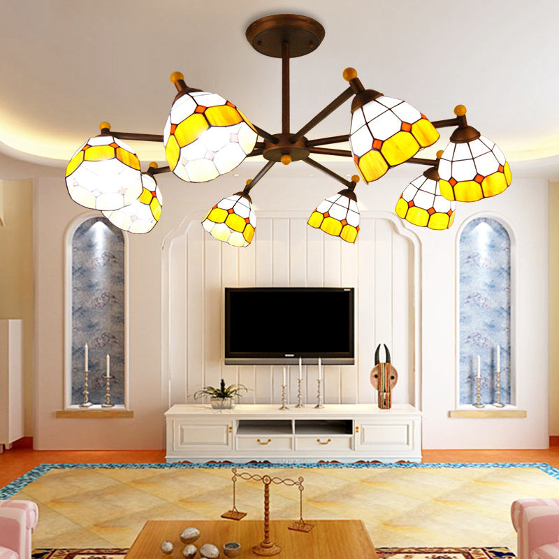 Koepelvormige hangende hanger Rustiek gebrandschilderd glas 8 Lichten kroonluchter licht in rood/blauw/geel voor slaapkamerverlichting