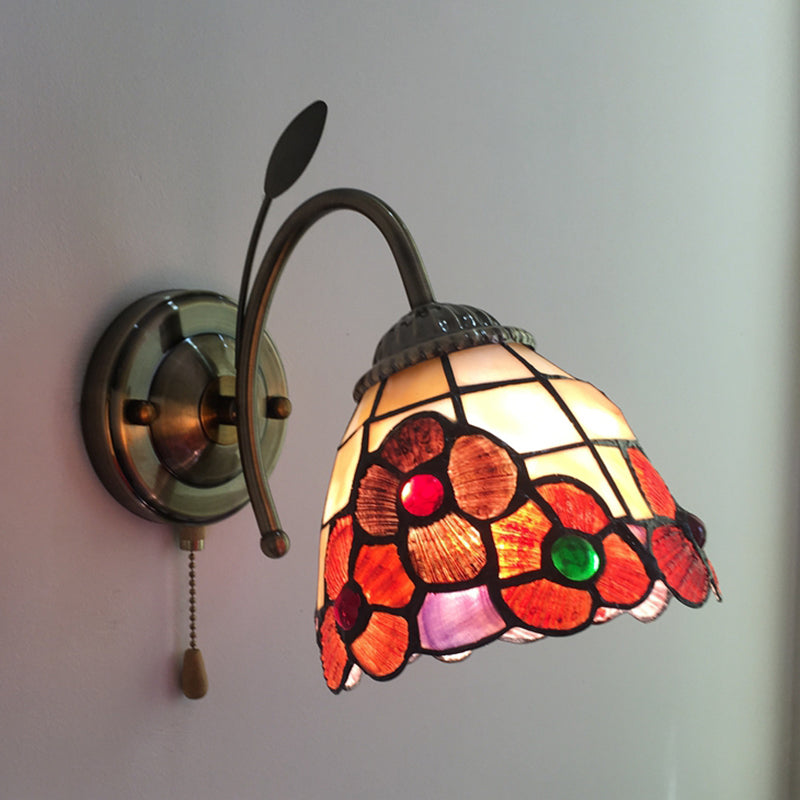 Orange Flower Wall Lighting Country Stained Glass 1 Head Wall Fixture Light with Pull Chain for Hallway