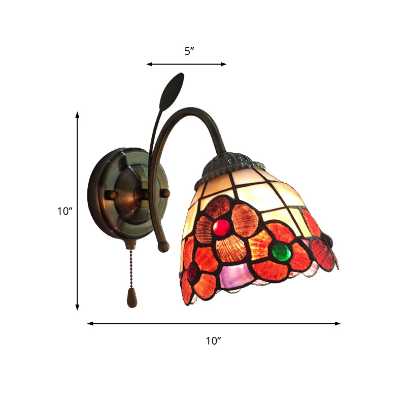 Orange Flower Wall Lighting Country Stained Glass 1 Head Wall Fixture Light with Pull Chain for Hallway