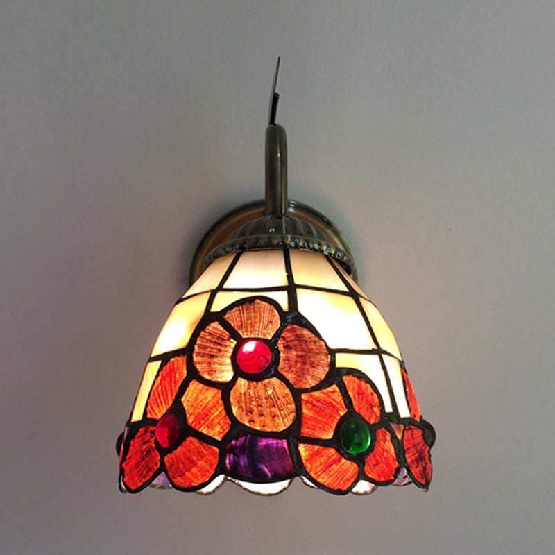 Orange Flower Wall Lighting Country Stained Glass 1 Head Wall Fixture Light with Pull Chain for Hallway