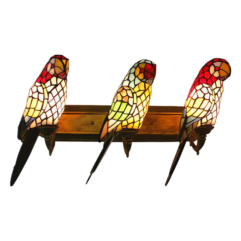3 Lights Parrot Shaped Wall Lighting Rustic Lodge Stained Glass Sconce Light for Living Room