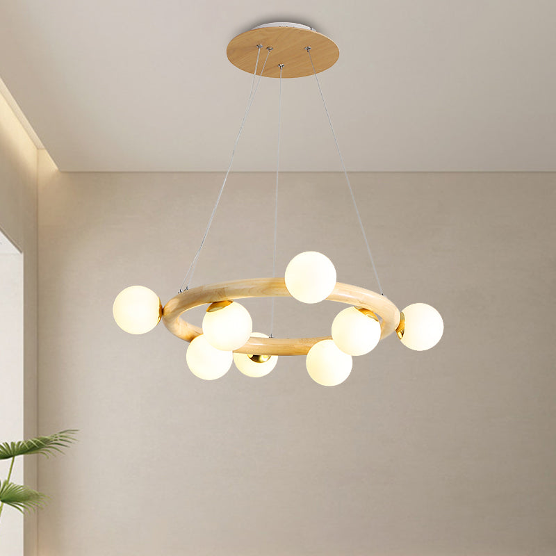 Beige wereldwijde plafondlamp modern 8/10 bollen matglas hanger kroonluchter met hout cirkelvormig ontwerp