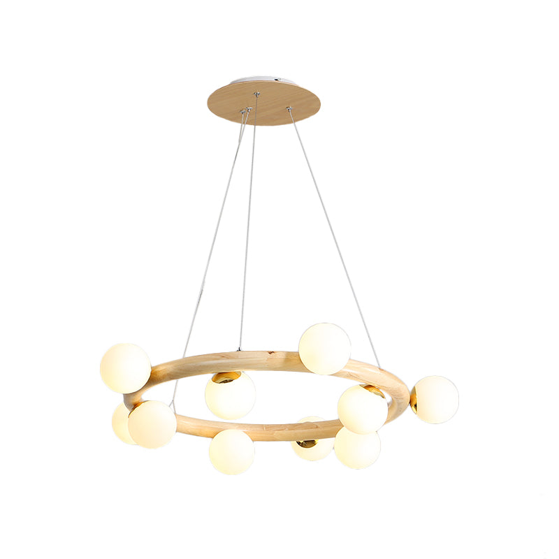 Beige wereldwijde plafondlamp modern 8/10 bollen matglas hanger kroonluchter met hout cirkelvormig ontwerp