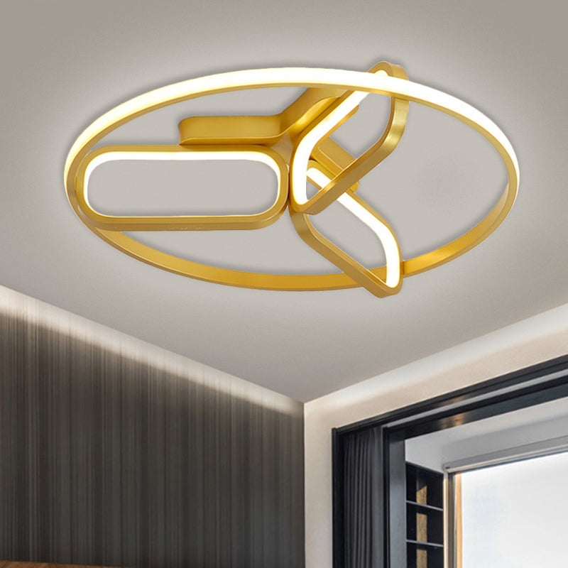 Modernist LED Ceiling Lamp Black/White/Gold Oval and Circle Flush Mount Lighting with Metallic Shade in Warm/White Light