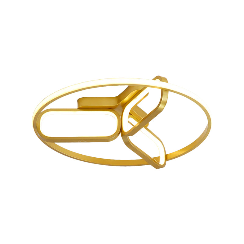 Modernist LED Ceiling Lamp Black/White/Gold Oval and Circle Flush Mount Lighting with Metallic Shade in Warm/White Light