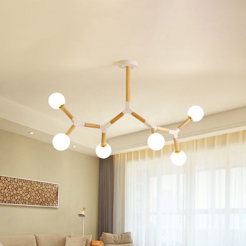 Accensione del lampadario di ramo semplice legno 6 luci kit lampada sospesa beige con sfera glassata in vetro