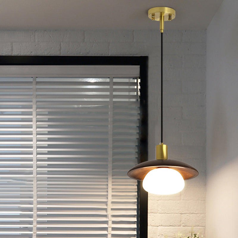 Witte glazen bal/broodje suspensielamp modernisme 1 licht naar beneden verlichting met houten schotel top in bruin