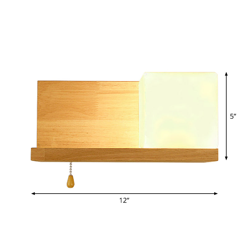 Simple Cubic Wall Sconce Light Opaque Glass 1 Bulb Living Room Wall Lamp with Oblong Wood Backplate in Beige