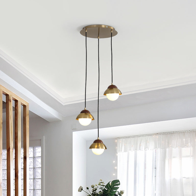 Metal Dome Multiple Lamp Pendant Simplicity 3-Bulb 12"/23.5" Width Brass Hanging Light Kit with Ball Opal Glass Shade