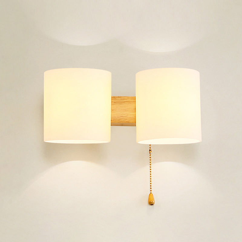 Opaline Glass Cylinder Wall Mount Lamp Modern 2 Lights Beige Wall Lighting Ideas with Pull Chain