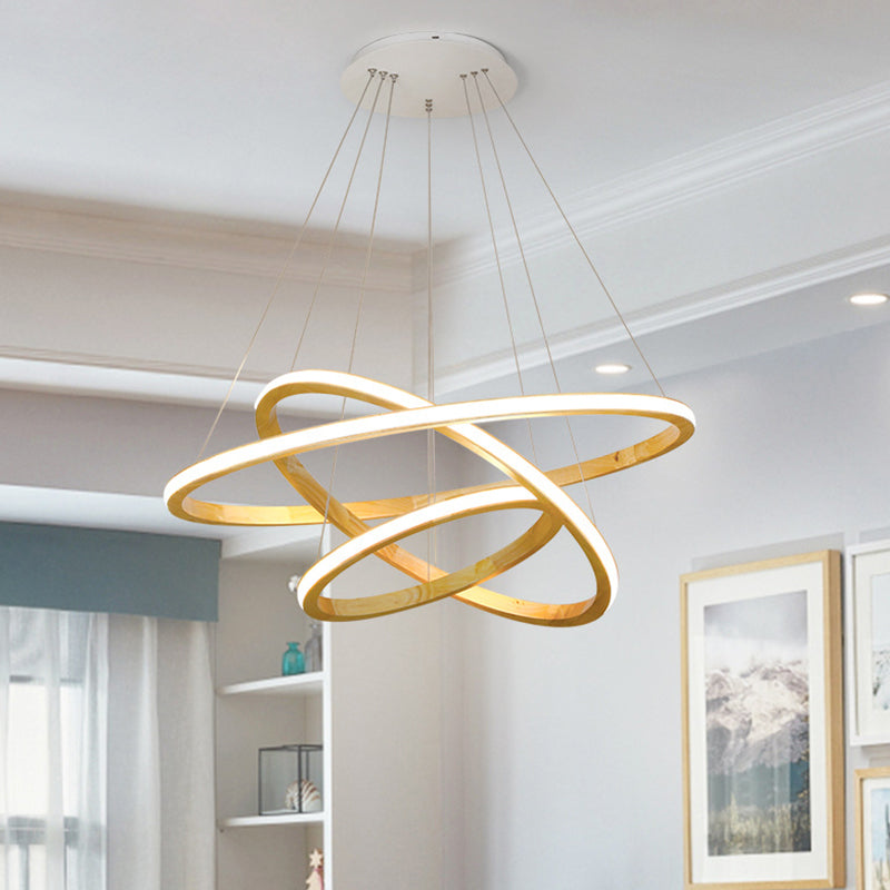 Wood Rings Hanging Chandelier Minimalism LED Ceiling Pendant Light in Beige, 21"/25" Width
