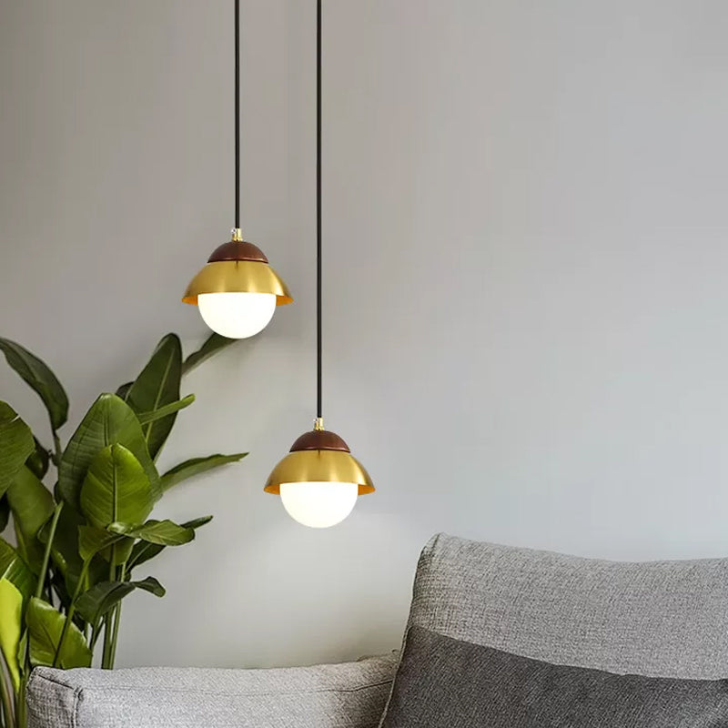 Dome Living Room Ceiling Pendant Metal 1 Bulb Minimalist Hanging Ceiling Light with Global White Glass Shade in Brass