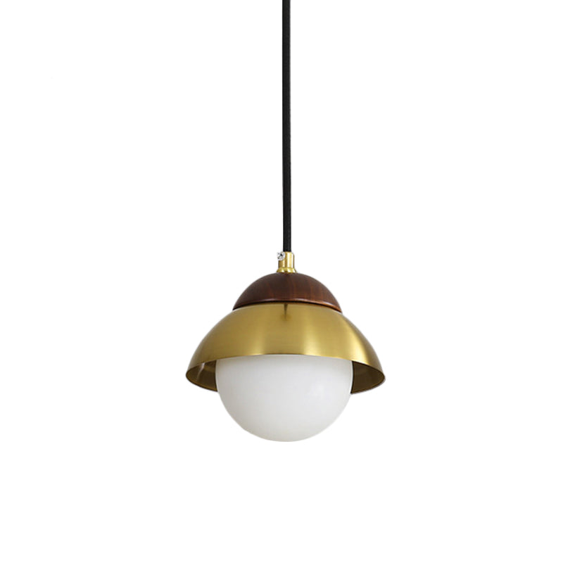 Dome Living Room Ceiling Pendant Metal 1 Bulb Minimalist Hanging Ceiling Light with Global White Glass Shade in Brass