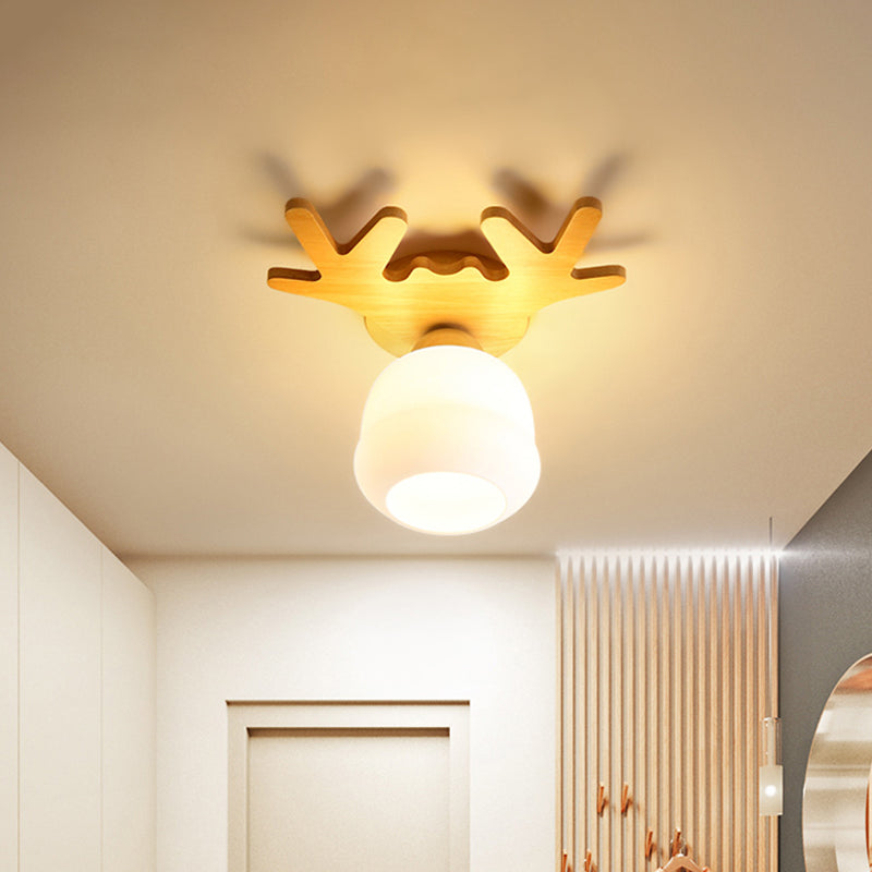 Lampada da soffitto a LED con testa in vetro opale/cubico/globo da incasso con corna di legno/design quadrato/rotondo in beige