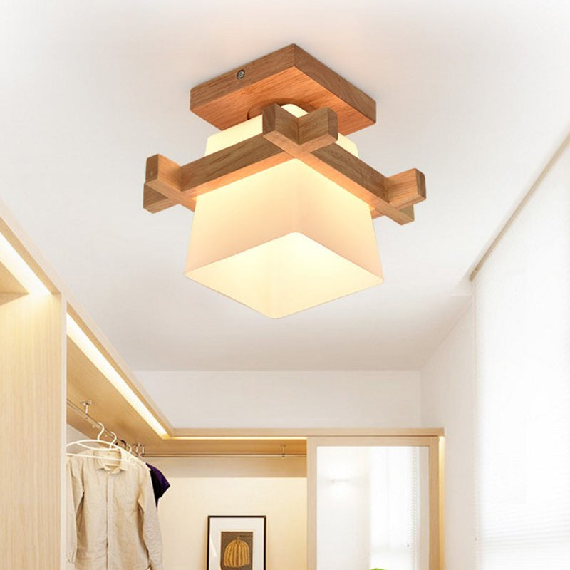 Opal Glass Head/Cubic/Globe Flushmount Simplicity LED Ceiling Fixture with Wood Antler/Square/Round Design in Beige