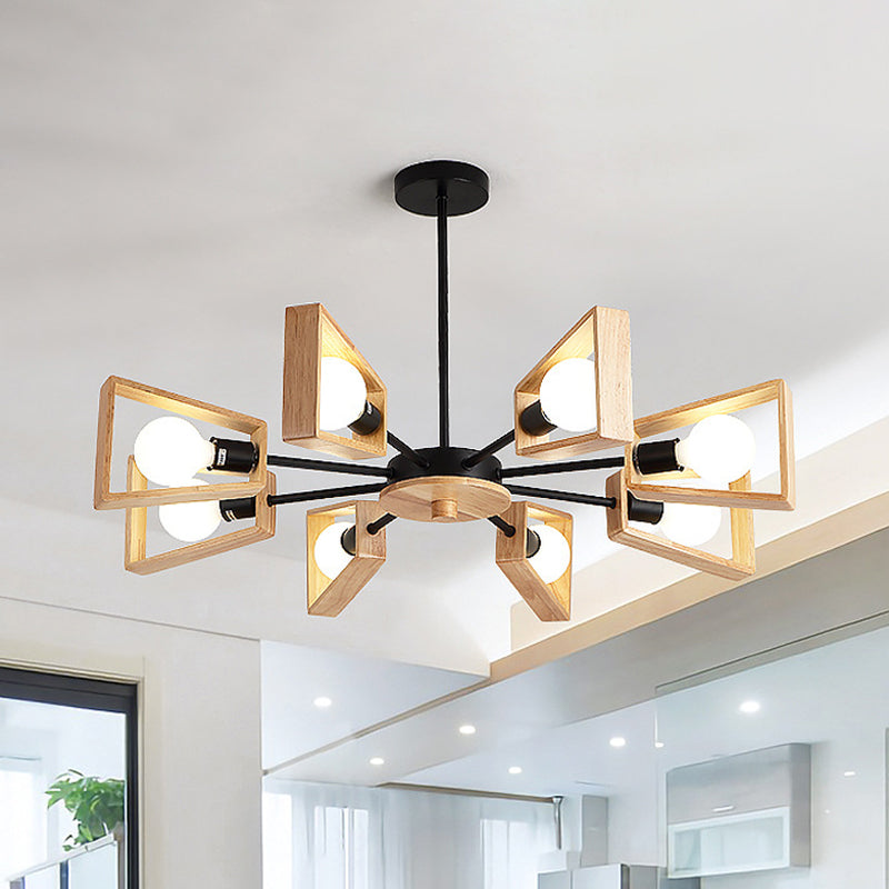 Wood Trapezoid Frame Suspension Lamp Modernist 8-Head Black Ceiling Chandelier with Radial Design
