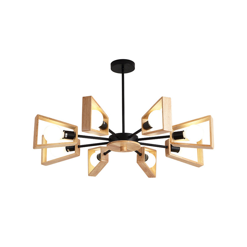 Wood Trapezoid Frame Suspension Lamp Modernist 8-Head Black Ceiling Chandelier with Radial Design