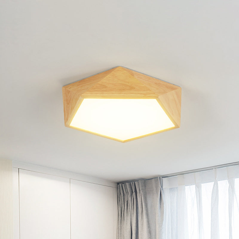 Deckenbeleuchtung mit Holz-Fünfeckrahmen, moderne 16,5"/20,5"/24,5" breite LED-Einbauleuchte in Beige, warmweißes Licht