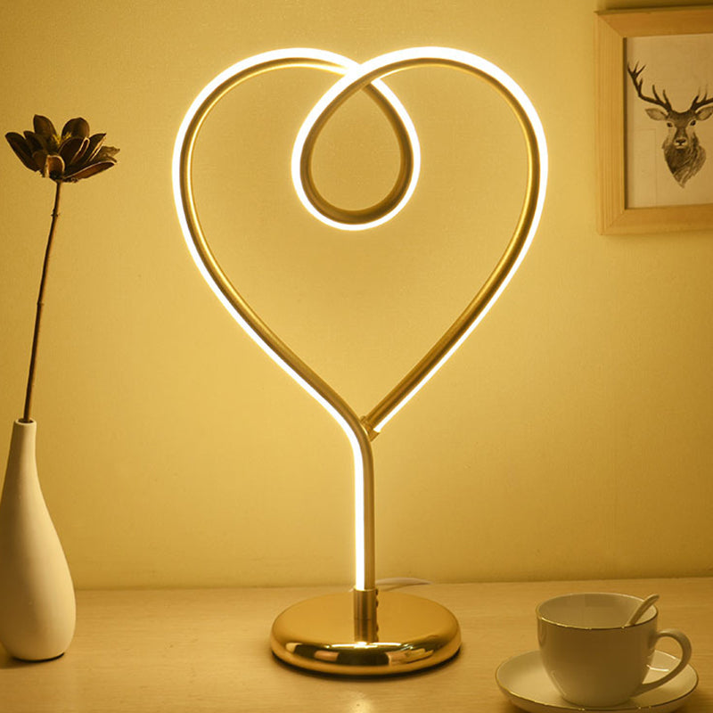 Loving Heart Night Lighting Simple Metal White/Gold LED Desk Lamp with Round Pedestal in Warm/White Light for Bedroom