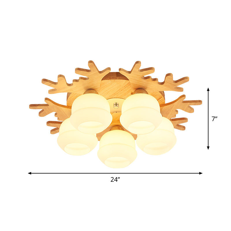 Jar White Glass Flush Lamp Fixture Modern 5/7 Bulbs Beige Ceiling Mounted Fixture with Wood Antler Design