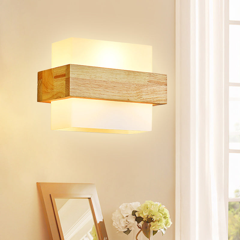 Kubus wandbevestiging verlichtingsarmatuur minimalisme opaalglas 1 kop beige oppervlakte wand sconce met houten details