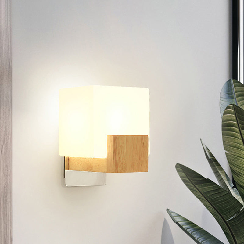 Kubus wandbevestiging verlichtingsarmatuur minimalisme opaalglas 1 kop beige oppervlakte wand sconce met houten details