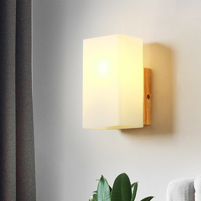 Kubus wandbevestiging verlichtingsarmatuur minimalisme opaalglas 1 kop beige oppervlakte wand sconce met houten details