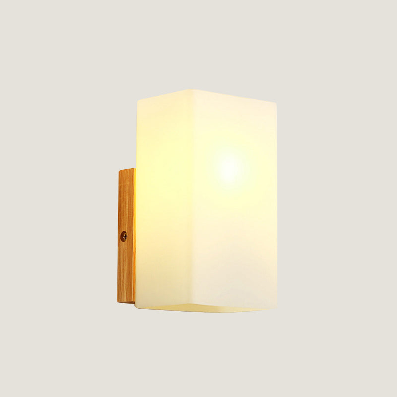 Kubus wandbevestiging verlichtingsarmatuur minimalisme opaalglas 1 kop beige oppervlakte wand sconce met houten details