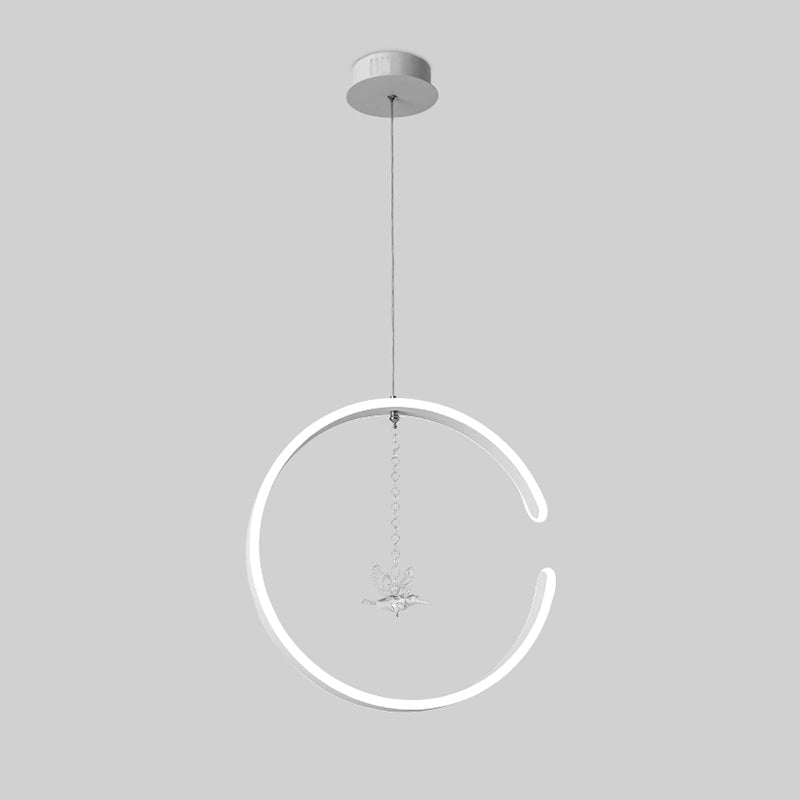 Metal C-Shape Suspension Lighting Minimalism Black/White LED Hanging Lamp Kit with Dangling Crystal Bird in Warm/White Light