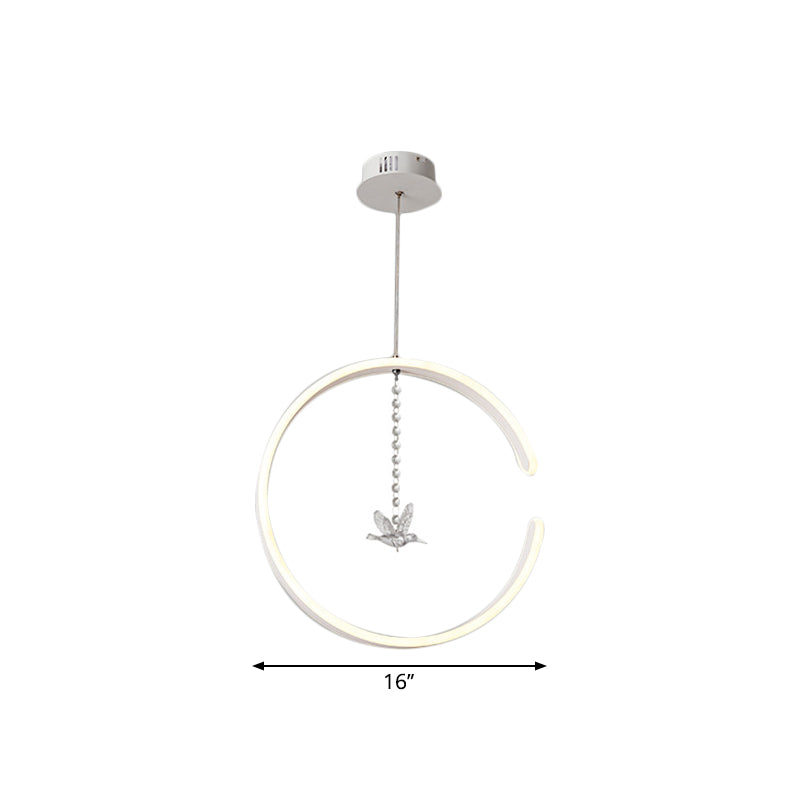 Metal C-Shape Suspension Lighting Minimalism Black/White LED Hanging Lamp Kit with Dangling Crystal Bird in Warm/White Light