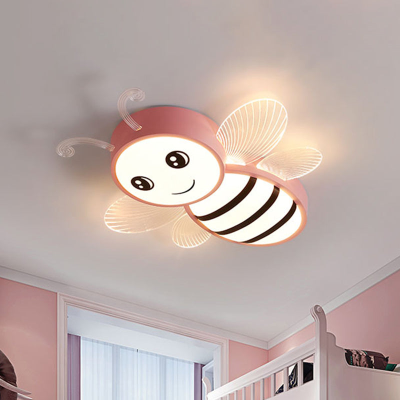 Bee Flush Mount Fixture Kids Plastic Pink/Yellow/Blue LED Close to Ceiling Lamp for Children Bedroom