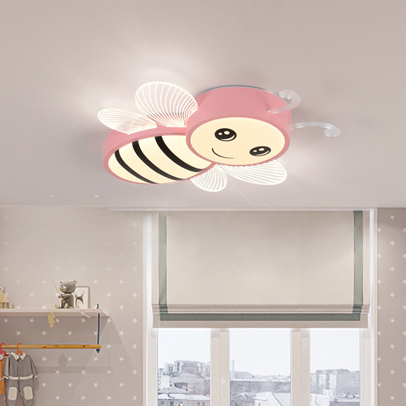 Bee Flush Mount Fixture Kids Plastic Pink/Yellow/Blue LED Close to Ceiling Lamp for Children Bedroom