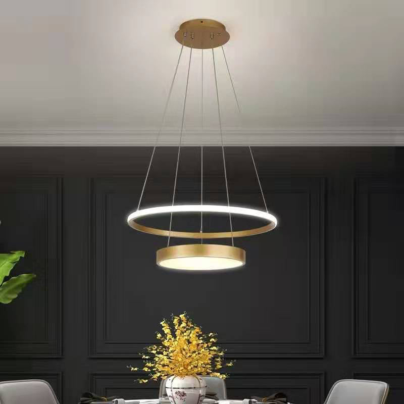 2-Tier Ring Metallic Drop Lamp Minimalist LED Gold Chandelier Lighting Fixture in Warm/White Light