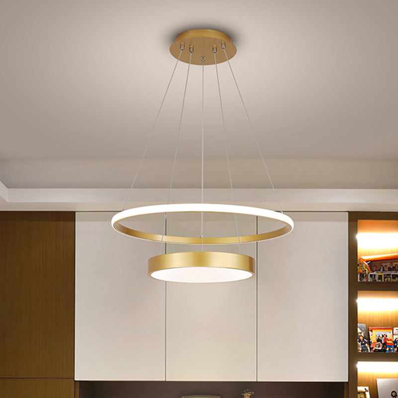 2-Tier Ring Metallic Drop Lamp Minimalist LED Gold Chandelier Lighting Fixture in Warm/White Light