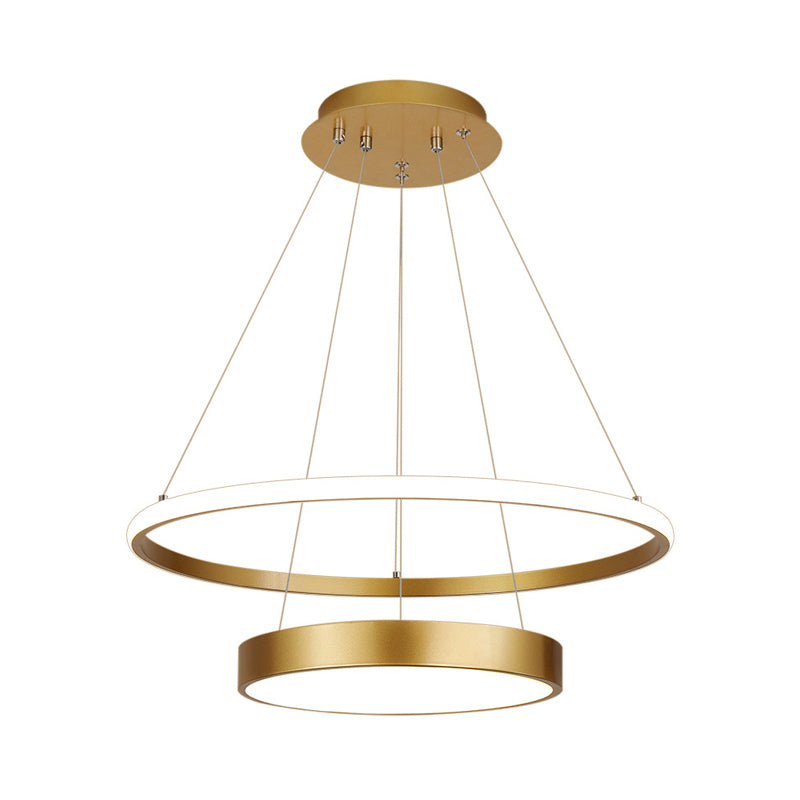 2-Tier Ring Metallic Drop Lamp Minimalist LED Gold Chandelier Lighting Fixture in Warm/White Light