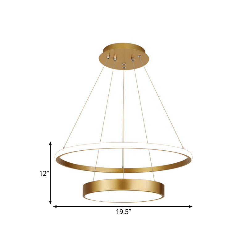 2-Tier Ring Metallic Drop Lamp Minimalist LED Gold Chandelier Lighting Fixture in Warm/White Light