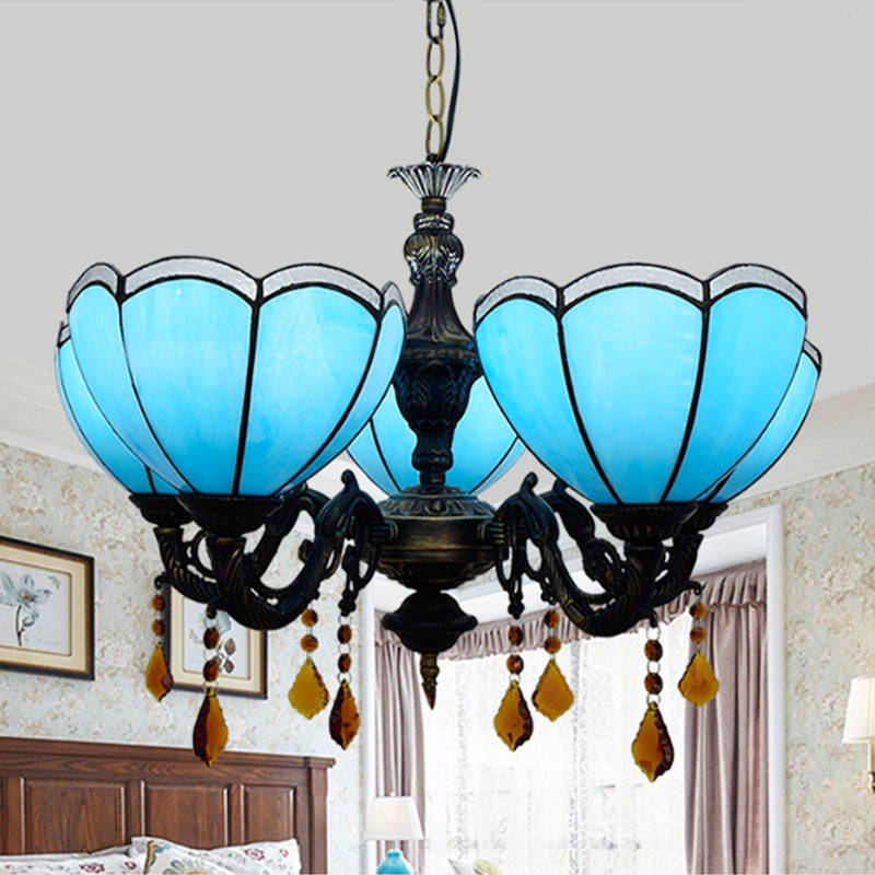 Blue Bowl Chandelier Light Retro Style Stained Glass 5 Bulbs Hanging Light with Crystal for Bedroom