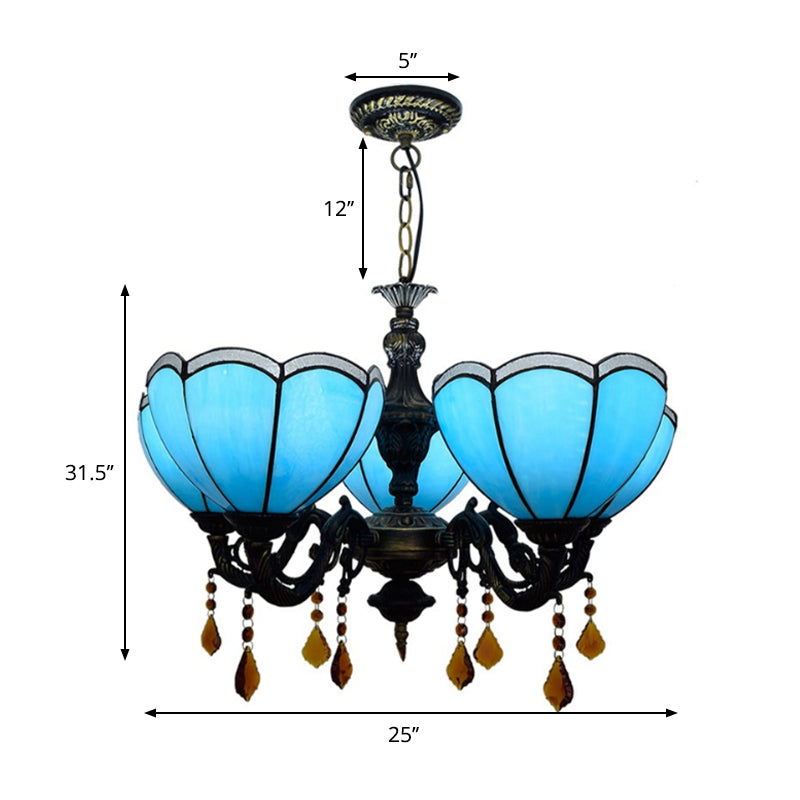 Blue Bowl Chandelier Light Retro Style Stained Glass 5 Bulbs Hanging Light with Crystal for Bedroom