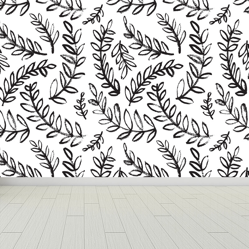 Black and White Modern Mural Large Illustration Leaves Print Wall Decor for Bedroom