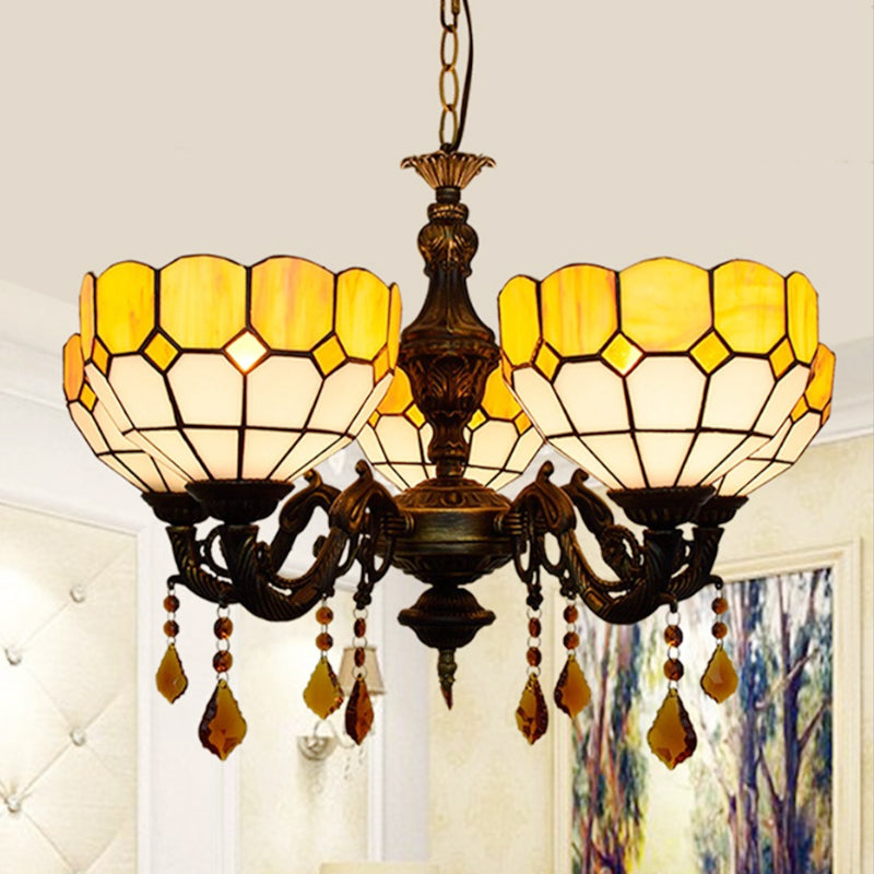 5 têtes Bol Bowl Glass Shade Chandelier Lumière de lustre rustique avec cristal en jaune pour salle à manger