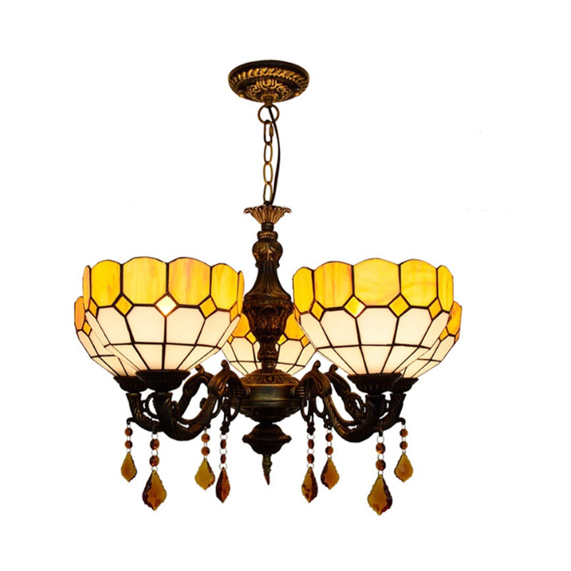 5 têtes Bol Bowl Glass Shade Chandelier Lumière de lustre rustique avec cristal en jaune pour salle à manger