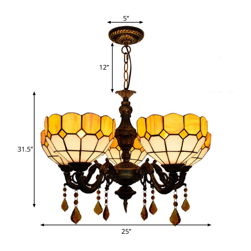 5 têtes Bol Bowl Glass Shade Chandelier Lumière de lustre rustique avec cristal en jaune pour salle à manger