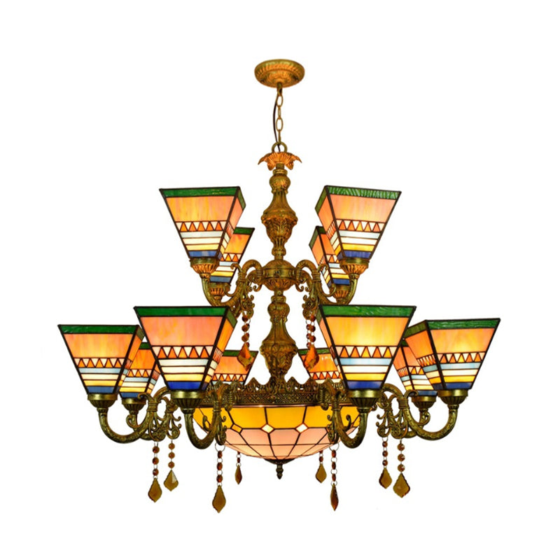 Industrial Vintage Pyramid Chandelier Stained Glass 12 Arms Inverted Chandelier with Center Bowl