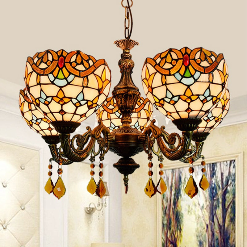 Victorian Bowl-Shaped Chandelier Light Stained Glass 5 Lights Decorative Chandelier with Crystal in Beige