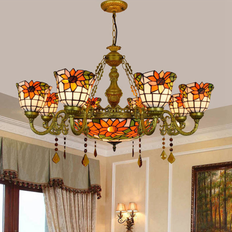 Mehrfarbiger umgekehrter Kronleuchter im Vintage-Stil, Buntglas, 9 Lichter, dekorative Hängeleuchte mit Sonnenblumenmuster