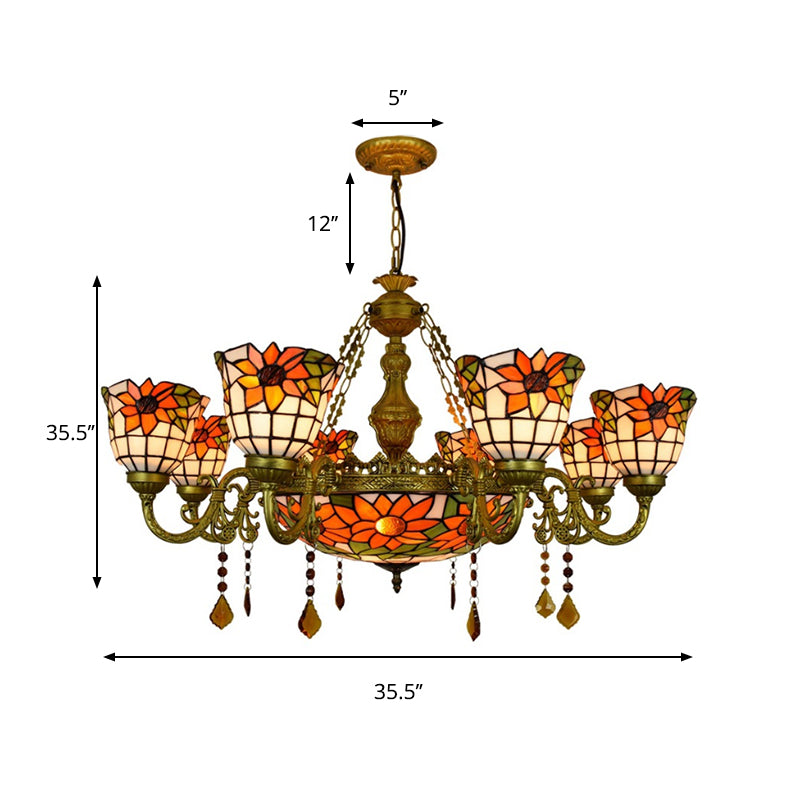 Mehrfarbiger umgekehrter Kronleuchter im Vintage-Stil, Buntglas, 9 Lichter, dekorative Hängeleuchte mit Sonnenblumenmuster