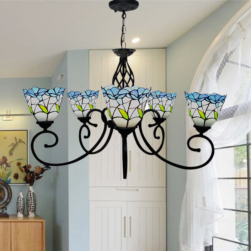 5 cabezas Luz de lámpara de techo floral Luz de la sala de estar manchada de estilo Tiffany en azul