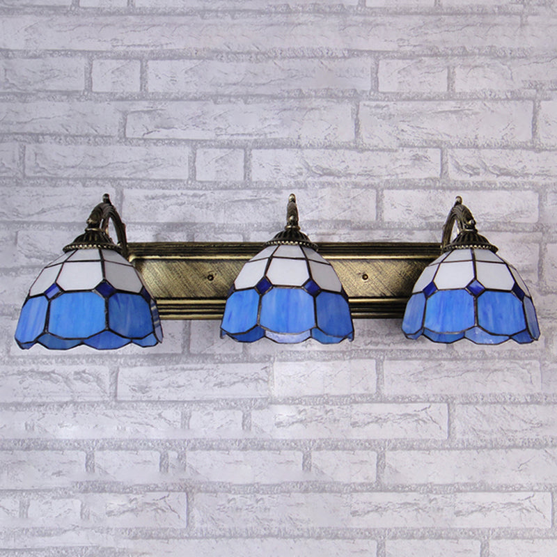 Mediterranean Dome Vanity Lighting Stained Glass 3 Lights Wall Sconce Light in Aged Brass
